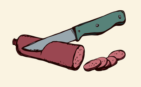 Salt red butcher pig cervelat kielbasa bratwurst in brown wrap on white picnic backdrop. Bright pink color hand drawn fresh butchery shop menu emblem logo sign in retro doodle style with space for textのイラスト素材