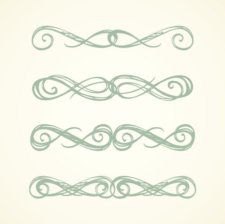 Old cute romantic book ribbon bow swirly tag swoosh element set isolated on white paper card backdrop. Freehand black ink pen outline drawn curly logo sketchy in artistic rustic curlicue scrawl styleのイラスト素材