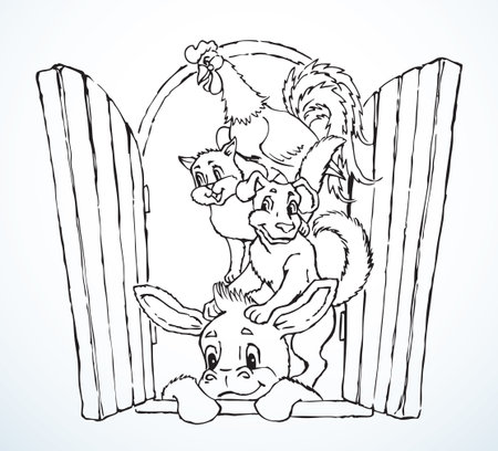 Closeup outline dark black color ink pen hand drawn crazy fun humor mule sing logo sign icon design aged artist doodle print fable book style. Close up view 4 mammal set light white paper text spaceのイラスト素材