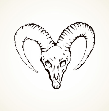 Ancient big domestic horny buck antler beast muzzle on white background. Freehand line black ink hand drawn old elk decor pictogram sketchy in antique doodle art etch style pen on paper space for textのイラスト素材