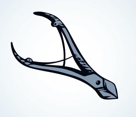 Simple iron handy catcher lever set on light paper backdrop text space. Outline black ink pen drawn healthy logo pictogram emblem design image in retro art doodle cartoon print style. Close up viewのイラスト素材