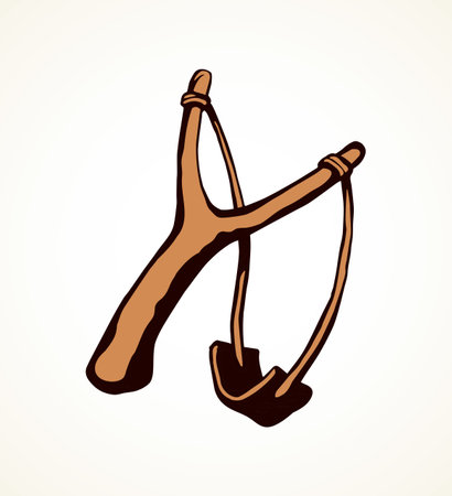 Simple old grunge shooter device on light backdrop. Freehand outline black ink drawn adult tribal war object logo emblem pictogram sketchy in archaic art doodle comic style pen on paper space for textのイラスト素材