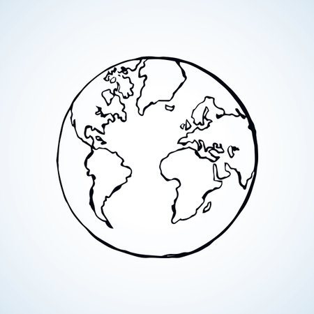 Glob orb round hemisphere shape on white backdrop. Network science outline study concept. Freehand line black ink hand drawn picture logo emblem sketchy in art retro doodle cartoon style pen on paperのイラスト素材