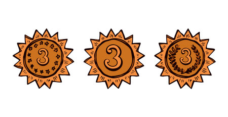 Contest 3 athlete leader hero medalist red metal pin round wreath element. Bright color hand drawn warranty heraldic logo border in retro art cartoon graphic style on white space for textのイラスト素材