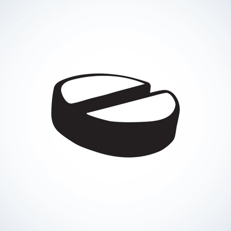Big oral circle tab kit for ailment treat isolated on white background. Outline medic logo concept. Freehand black ink linear hand drawn emblem sketch in retro doodle graphic style pen on paperのイラスト素材