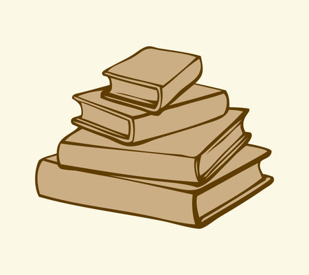 Pile of thick aged encyclopedias isolated on white backdrop. Freehand outline ink hand drawn picture sketchy in art antique doodle style. View closeup with space for textのイラスト素材