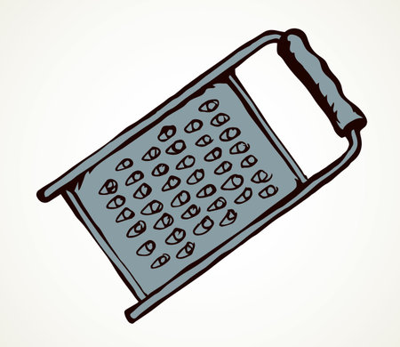Old iron cookware foodstuff dishware box on light backdrop. Outline black drawn chrome shredder utility logo pictogram design in retro art doodle cartoon print style on paper text space. Close up viewのイラスト素材
