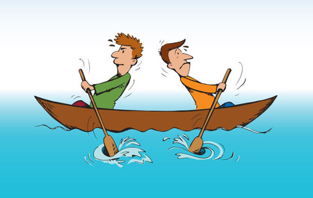 2 adult male office boss couple travel swim in ocean water on vessel ship on white space for text on sky background. Comic hand drawn art sketch icon. Wrong rower group together job action idea signのイラスト素材