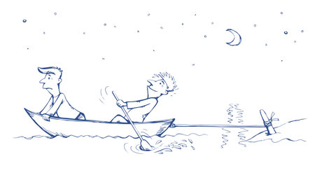 Strength male figure struggle push oar kayak isolated on river background. Hand drawn incorrect goal infinite labor sea travel symbol sketch in art retro doodle comic style with space for text on skyのイラスト素材