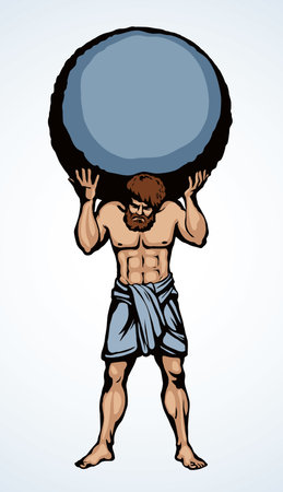 Guy worker giant god torso carry up stone ball weight on white sky text space. Line black ink hand drawn retro myth hero problem logo pictogram emblem. Old outline Greece vintage doodle sketch legendのイラスト素材