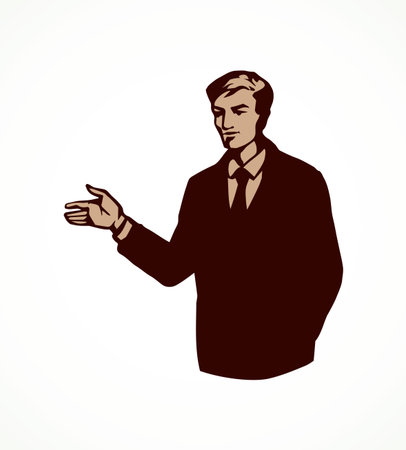 Adult modern handsome elegant guy at casual office labor isolated on white backdrop. Freehand outline ink drawn picture icon sketchy in retro art doodle style pen on paper with space for text on wallのイラスト素材