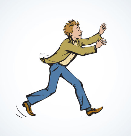 Healthy young crazy happy office boss guy quick flying runaway over. Color hand drawn cute mad fit human body sprint jump panic logo sign in retro sketch comic art style on white paper space for textのイラスト素材