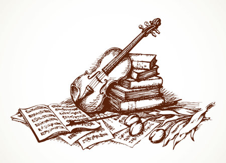 Closeup elegant victorian wood bow stick, golden pen, chord icon sign list letter script write page, tulips. Black line ink hand drawn concerto study picture sketch ancient engrave print artwork styleのイラスト素材