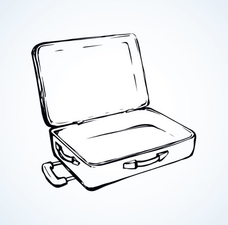 Big modern trunk box sac on white airport backdrop. Suit case holdall carryall freehand outline black ink hand drawn logo emblem sketchy in retro art doodle style pen on paper and space for textのイラスト素材