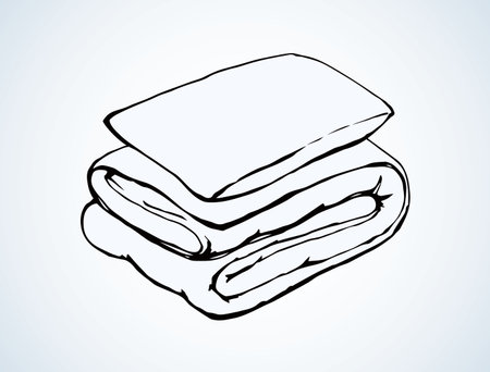 Neat cozy snug thick feather divan velvet throw roll and chock on white bedroom backdrop. Freehand line black ink hand drawn comfy logo sketchy in retro doodle graphic style and space for textのイラスト素材