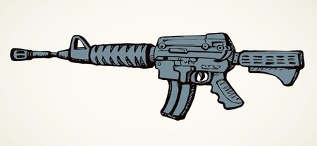 Close up side view modern us gangster metal model outline element. White text space. Line dark hand...