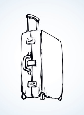 Big closed carry trunk box sac on white airport backdrop. Suit case holdall carryall freehand outline black ink hand drawn logo emblem sketchy in retro art doodle style pen on paper and space for textのイラスト素材