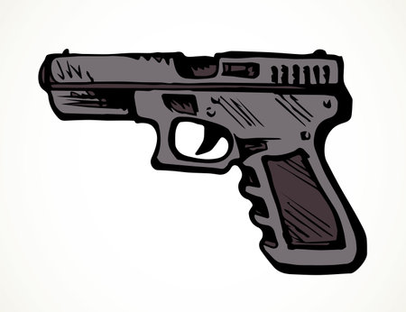 Closeup line aged grunge power cop guard defend colt shot. White text space design. Outline black ink drawn danger aim target security old shotgun attack logo pictogram emblem ancient art doodle styleのイラスト素材