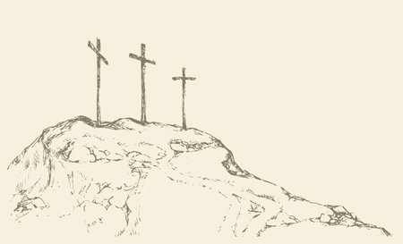 Three historic jew old tomb roods. Traditional lent crucified scene isolated on white backdrop. Outline black ink hand drawn picture sketch in doodle retro style pen on paper and space for text on skyのイラスト素材
