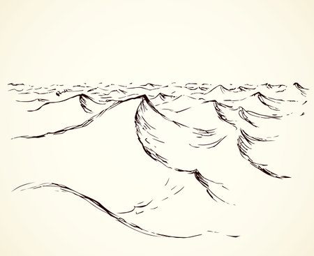 Peak skyline scenery. Outline black pen ink hand drawn warm global sandstorm sign icon symbol sketchy in art doodle vintage cartoon style. Scenic line view with space for text on light paper backdropのイラスト素材