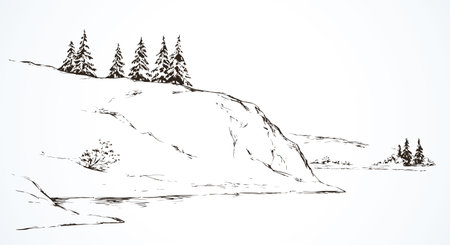 Rustic scene with high cliff on riverbank with space for text on white sky backdrop. Alpine waterside. Outline freehand black ink hand drawn picture sketchy in art vintage scribble style pen on paperのイラスト素材