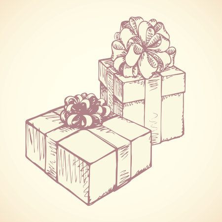 Trendy small parcel wrap tag in cardboard with luxury knot isolated on pink backdrop. Outline freehand ink hand drawn sketch in art retro scribble style pen on paper. View closeup with space for textのイラスト素材