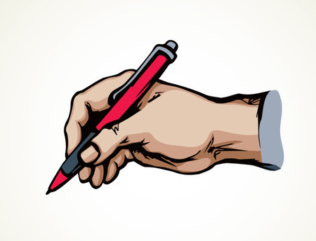 Closeup view human author memo icon. Girl arm record greet text on white space. Ink drawn artwork vintage vote list logo painting. Line meet prescript design draft in retro doodle cartoon styleのイラスト素材