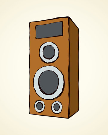 Radio watt round wooden sub treble tweeters hifi cabinet isolated on white background. Bright brown color hand drawn hi-fi soundbar logo emblem sketch in art retro doodle style with space for textのイラスト素材