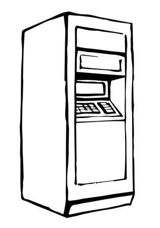 Web line store loan display bancomat kiosk pin code keypad teller device on white paper. Outline black hand drawn earn dollar bill salary monitor logo sign icon concept sketch in graphic cartoon styleのイラスト素材
