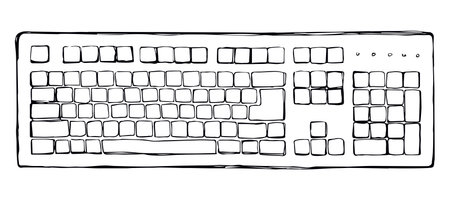 Empty open Lcd macbook type on white table backdrop. Outline ink hand drawn led mac netbook. Www social online data layout logo emblem in modern art doodle style on paper space for text. Close up viewのイラスト素材