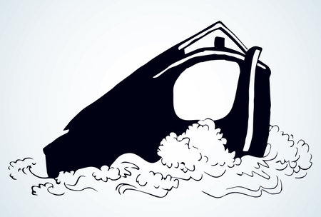 Wood big high natural cargo line arc isolated on Ararat earth white sky backdrop. Outline black hand drawn cute Lord save emblem picture sketch. Art archaic doodle line style paper text spaceのイラスト素材