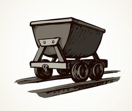 Old iron lurry minecart tram tool equipment on white text space. Black line hand drawn heavy coal fuel ore load move freight delivery carry truck service sign sketch in retro art cartoon styleのイラスト素材