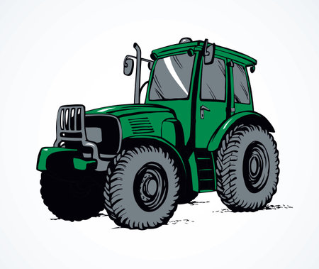 Classic village land agrimotor utility model with big rubber bus. Bright green color hand drawn icon sign symbol picture in art doodle style. Side view with space for text on white groundのイラスト素材