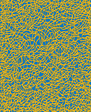 Tileable recurring confuse op twisty shape with thin blue squiggly curvy cord cable with intricate nodes. Trendy cute ink hand sketchy art uneven curly knitting form template fond pen on paper surfaceのイラスト素材