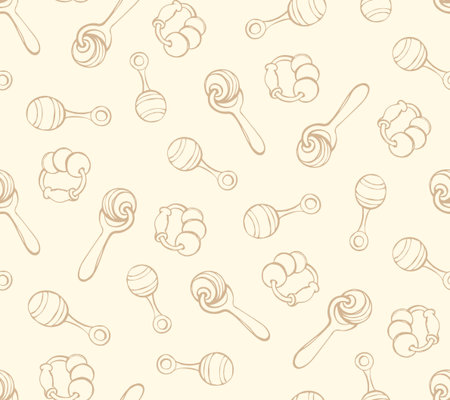 Babyish teething playful noisy clacks on light yellow backdrop. Freehand line beige ink hand drawn cute joy noisemaker logo sign icon emblem sketchy in art retro scribble cartoon style pen on paperのイラスト素材