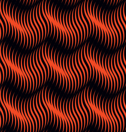 Tileable sinuous warp op wriggle shape form vibrant scarlet color on dark black squiggly bent strokes. Vivid parallel simple billowy curvy smooth winding modern style distorted twisty water fondのイラスト素材