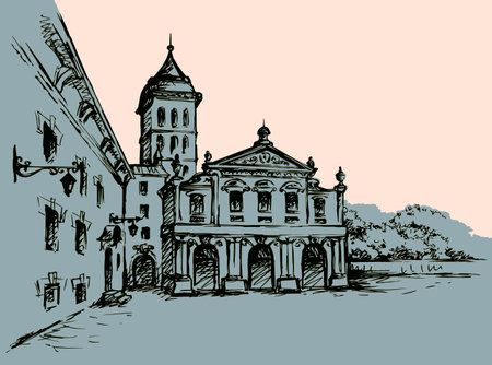 Aged romantic summer downtown place. Big line medieval facade door scenery. Outline black ink hand drawn picture in art retro cartoon doodle engrave print style. Paper text space on white sky backdropのイラスト素材