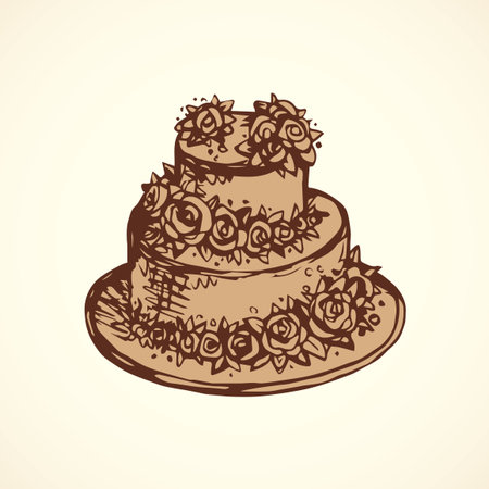 Big cute pink bridal cacao ice yummy flavor torte with whipped mousse and floral rose ornament decor isolated on white background. Outline ink pen hand drawn picture sketch in art doodle graphic styleのイラスト素材