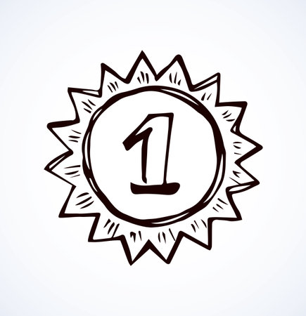 Contest 1  athlete leader hero medalist gold metal pin round wreath element. Outline black hand drawn warranty border in retro art doodle cartoon graphic style on white paper space for textのイラスト素材