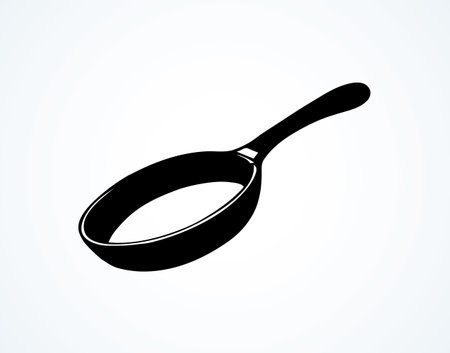 Old empty iron fryer with wooden stick isolated on white background. Outline freehand ink hand drawn logo pictogram sketchy in art retro doodle engraved style pen on paper space for text. View closeupのイラスト素材