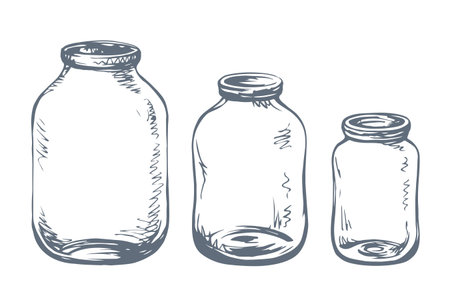 New blank clear tin on light blue backdrop. Freehand linear black ink hand drawn logo emblem sketchy in art ancient scribble contour graphic style pen on paper. Closeup view with space for textのイラスト素材