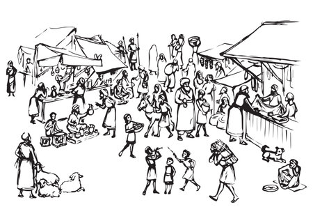 Biblical hebrew religion vendors kasbah women scene. Orient heritage Omani view. Antique fes pottery souq on white background. Saudi rabat bazar quarter picture sketch in vector iraq art graphic styleのイラスト素材