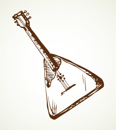 Small flat harp object on white paper text space. Freehand outline brown ink pen hand drawn rural moscow chord skill logo pictogram emblem design. Antique art doodle engrave print style. Closeup viewのイラスト素材