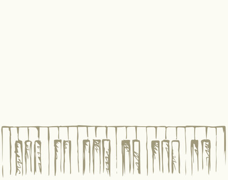 Ancient ebony clavichord tune scale row isolated on light backdrop. Freehand outline ink hand drawn picture sketchy in artist retro scribble album style pen on paper. View close up with space for textのイラスト素材