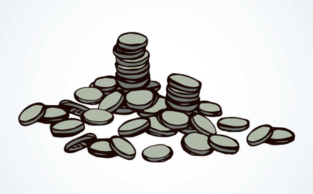 Rich big usd chip value group set on white space to text. Outline black ink hand drawn old usa buck cent wage rate logo. Silver poker token heap line emblem pictogram in art retro doodle cartoon styleのイラスト素材