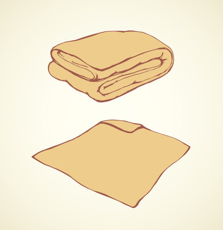 Neat snug thick clean divan yellow velvet throw on light yellow bedroom backdrop. Tender golden color ink hand drawn logo sketchy in art retro scribble graphic style. Closeup view with space for textのイラスト素材