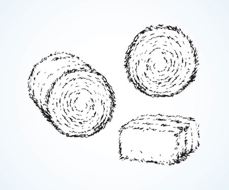 Rolled haycock for livestock animal on white village backdrop. Freehand outline black ink hand drawn autumn eco haymow logo sign sketchy in retro art doodle cartoon style pen on paper space for textのイラスト素材