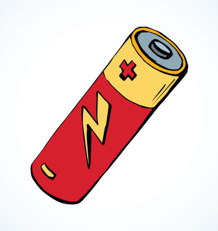 Modern auto engine chemical lithium cylinder on light backdrop. Bright red color hand drawn pole object logo pictogram emblem concept in retro art doodle cartoon style on space for text. Closeup viewの写真素材