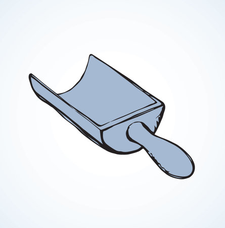 Big shop ladle pocket on light backdrop. Freehand linear black ink hand drawn picture emblem object pictogran sketchy in retro art scribble etch cartoon style pen on paper with space for textの写真素材