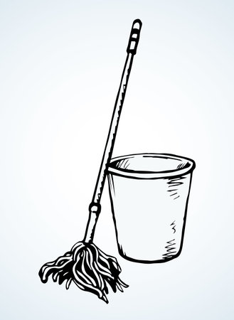 Closeup cleanse trash bristle swob object on white room text space. Outline black hand drawn health liquid swabber rag stick tub pail logo pictogram. Retro cartoon line art close up view bin containerのイラスト素材